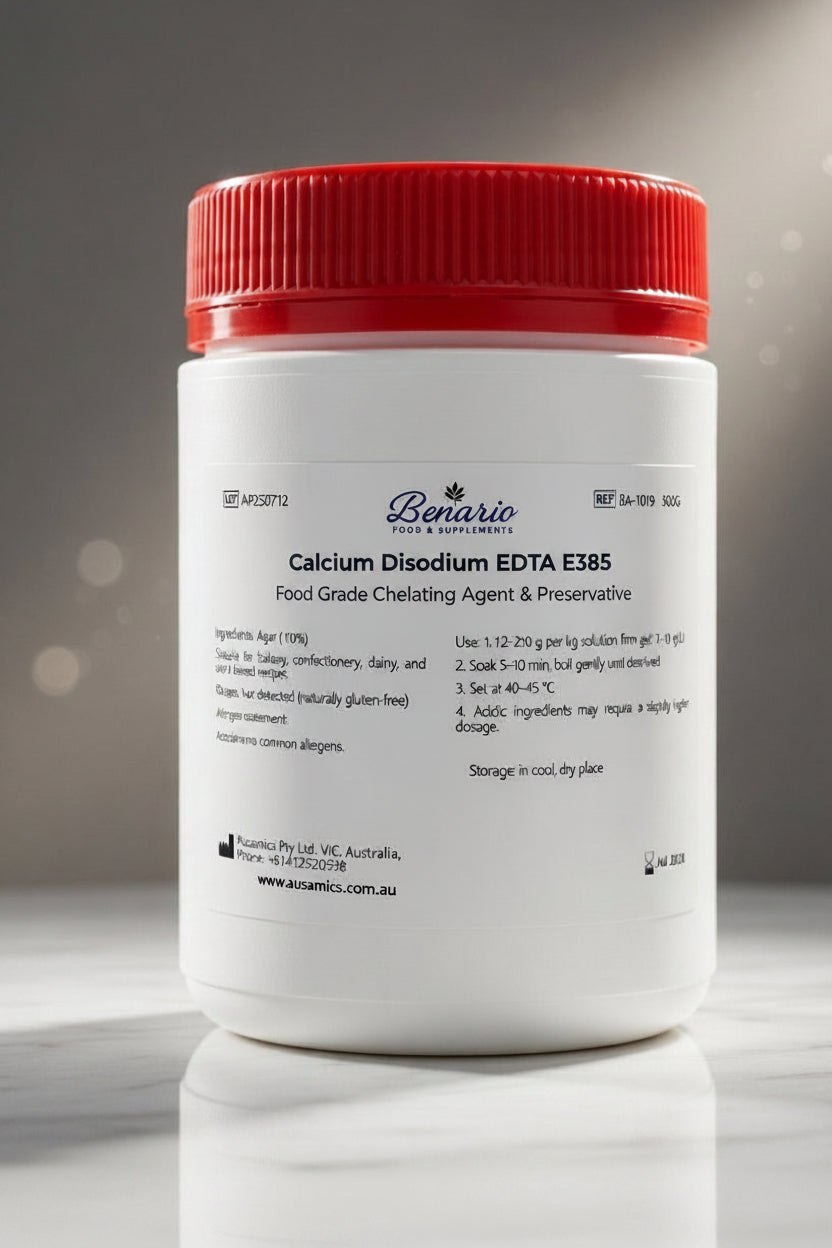 Calcium Disodium EDTA E385 in a white jar with a red lid, benario packaging