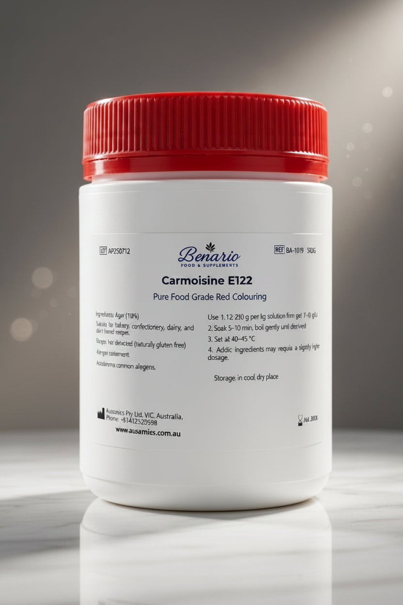 Carmoisine E122 in a white jar with a red lid, benario packaging