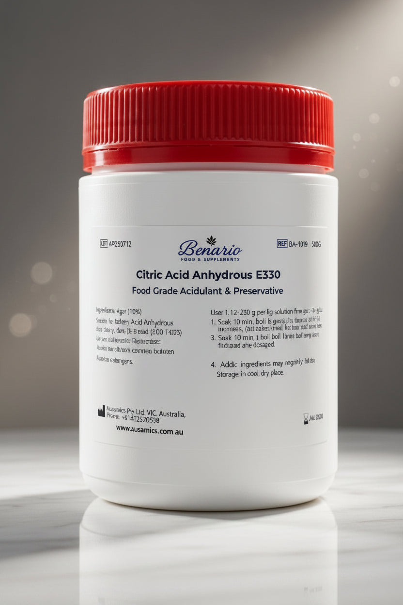 Citric Acid Anhydrous E330 in a white jar with red lid, benario packaging