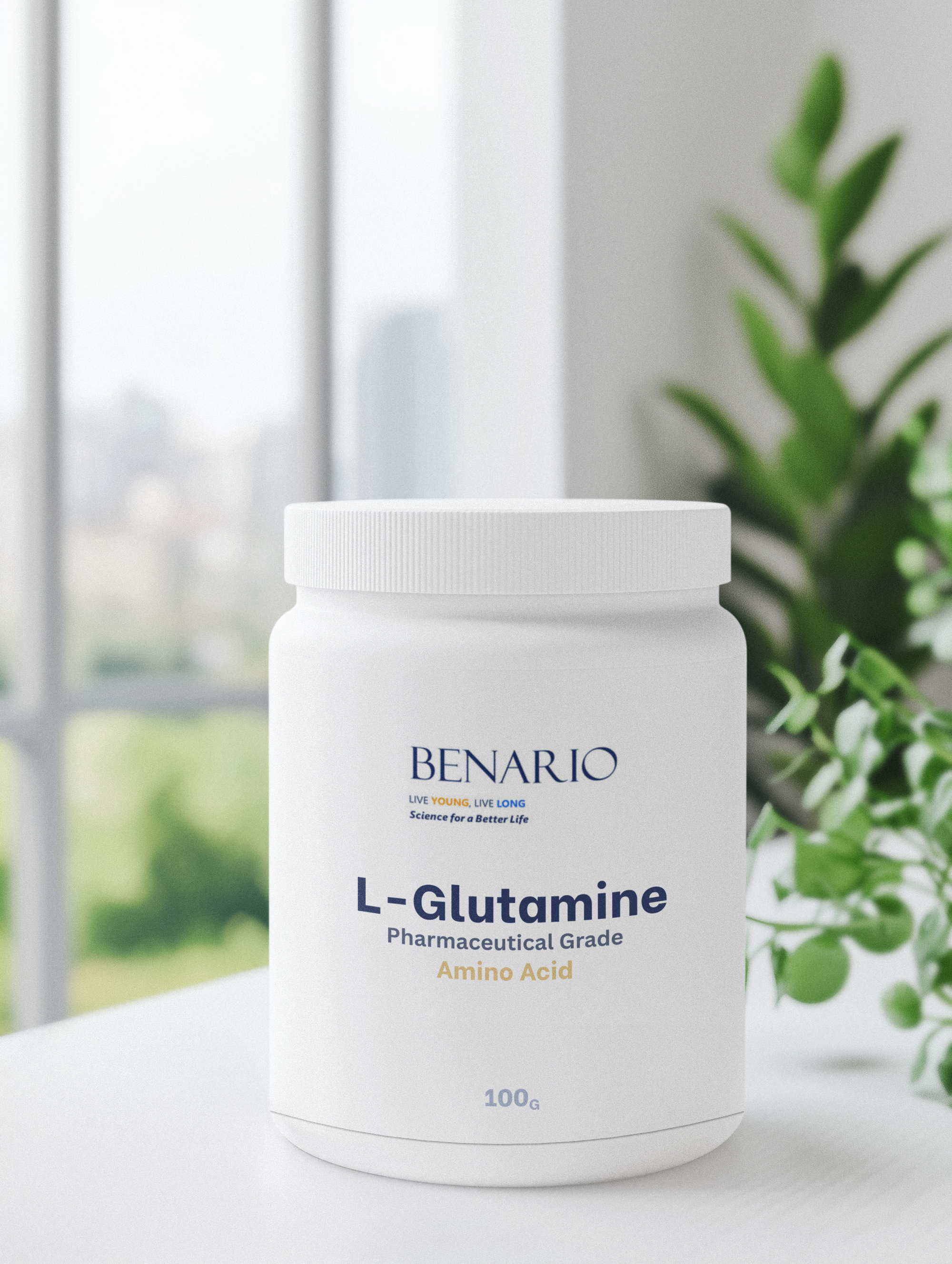 Benario L-Glutamine container on a surface with a blurred window and plant in the background