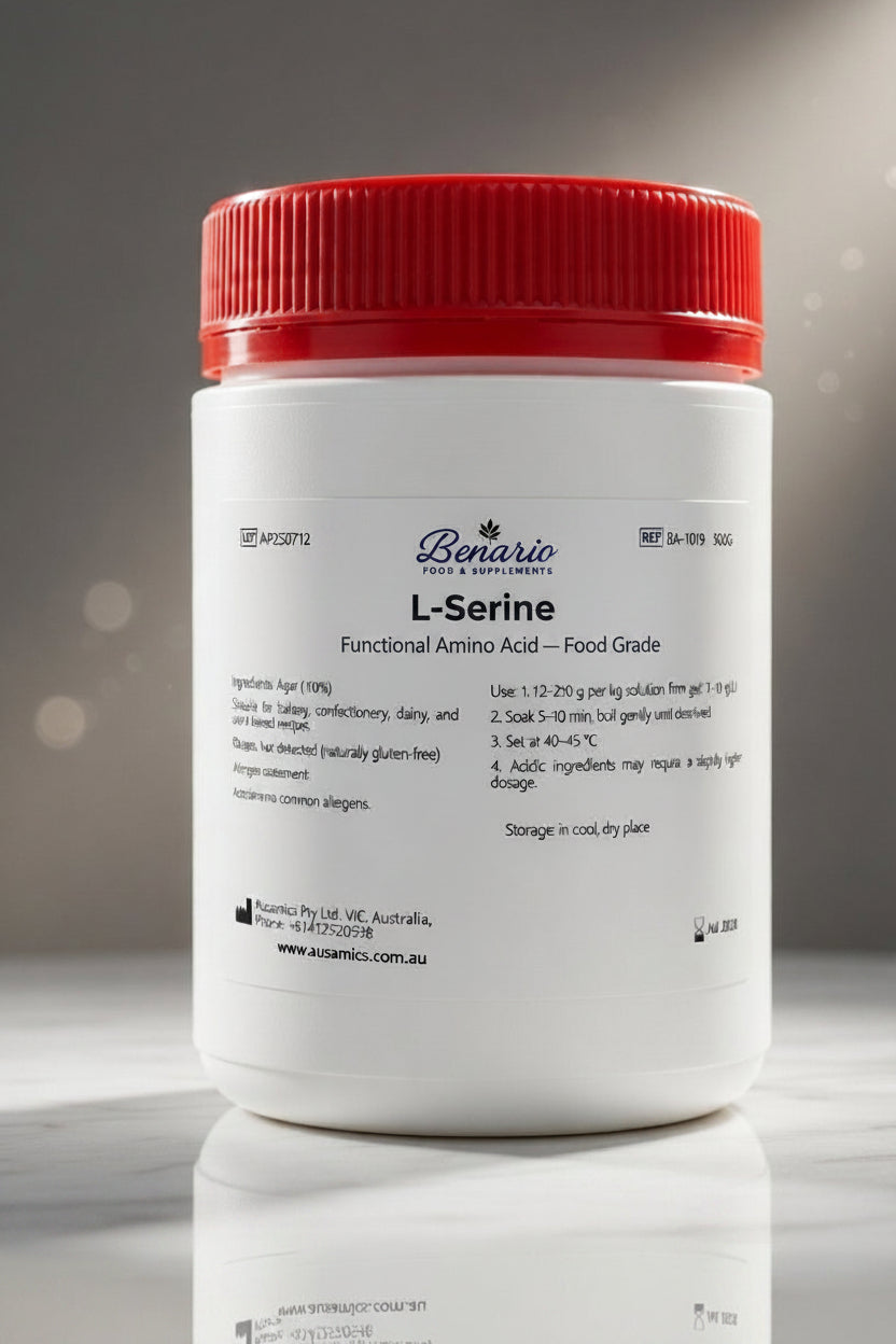 L-Serine in a white jar with a red lid, benario packaging