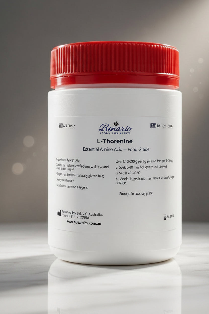 L-Threonine in a white jar with red lid, benario packaging