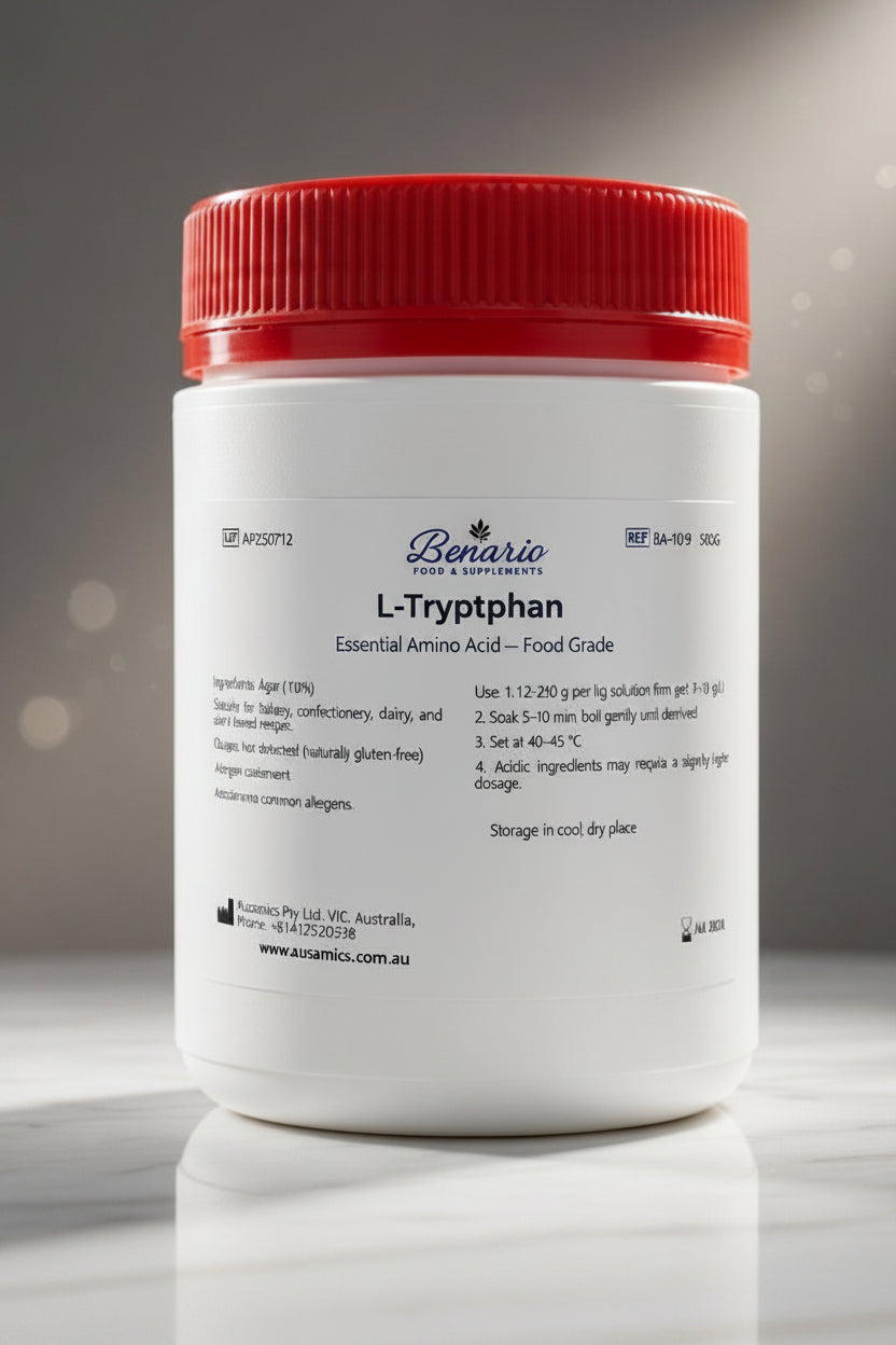 L-Tryptophan in a white jar with red lid, benario packaging