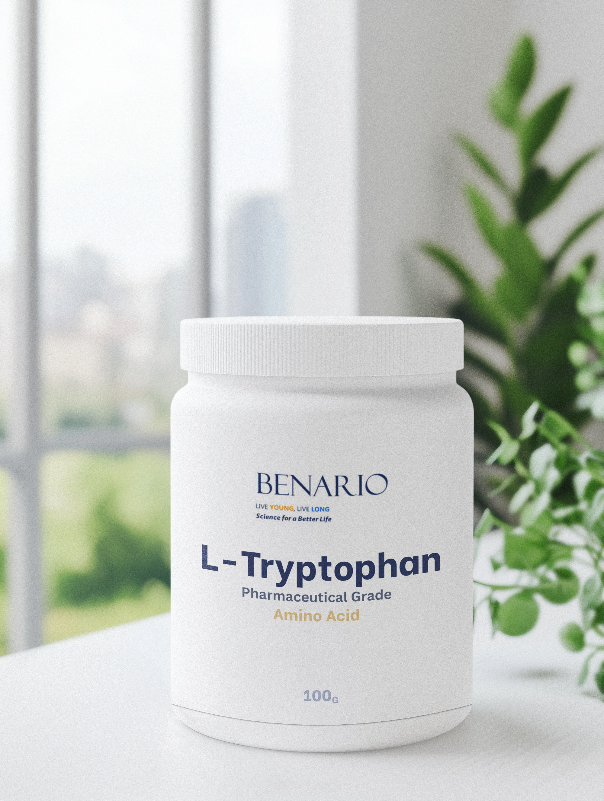 Benario L-Tryptophan supplement container on a surface with a blurred window and plant in the background