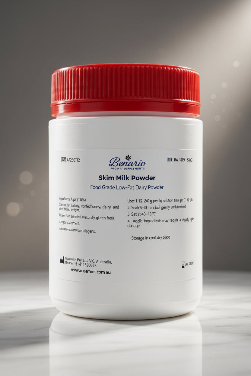 Skim Milk Powder in a white jar with a red lid, benario packaging