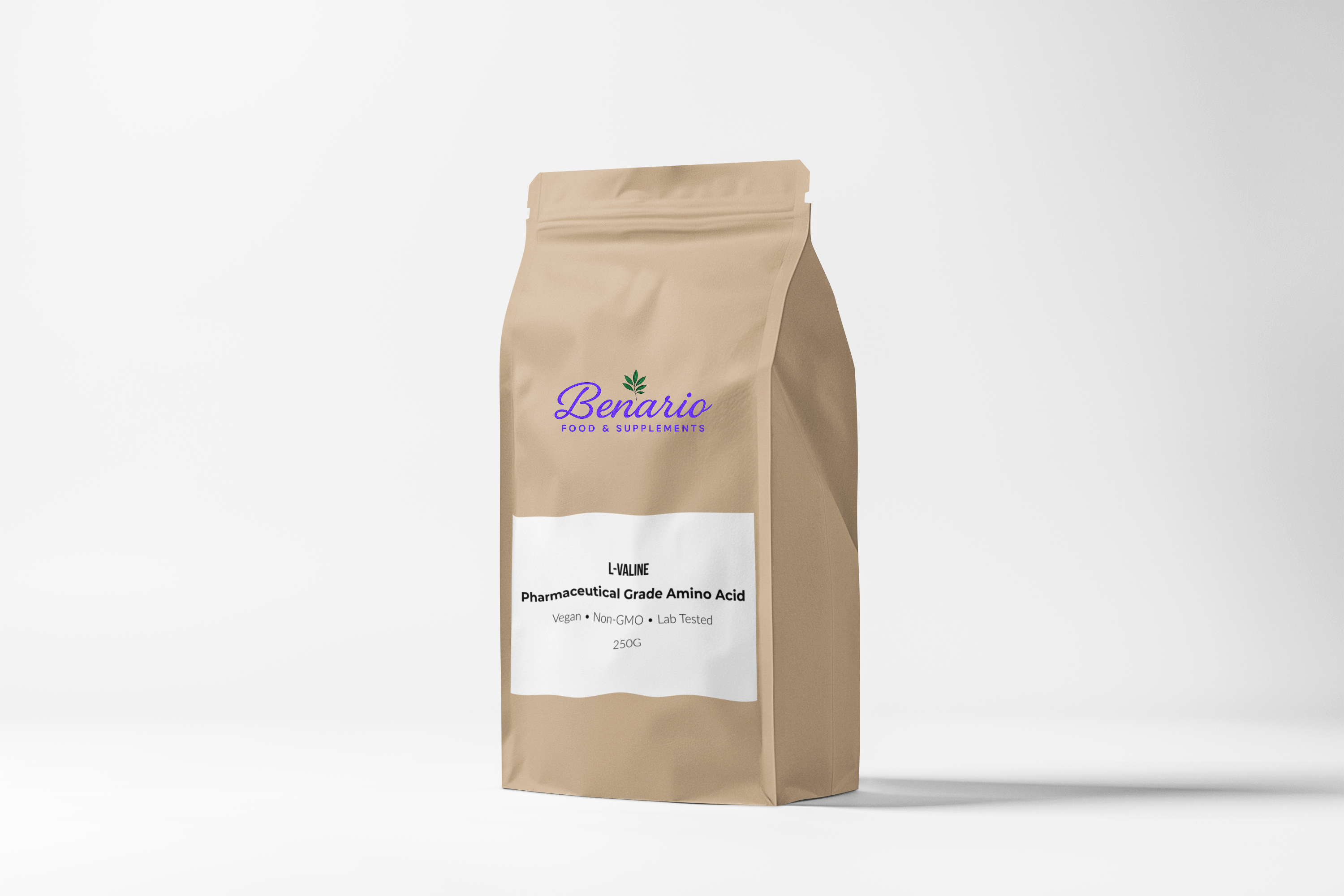 Benario L-Valine powder, pharma-grade, 250 g stand-up pouch with white label