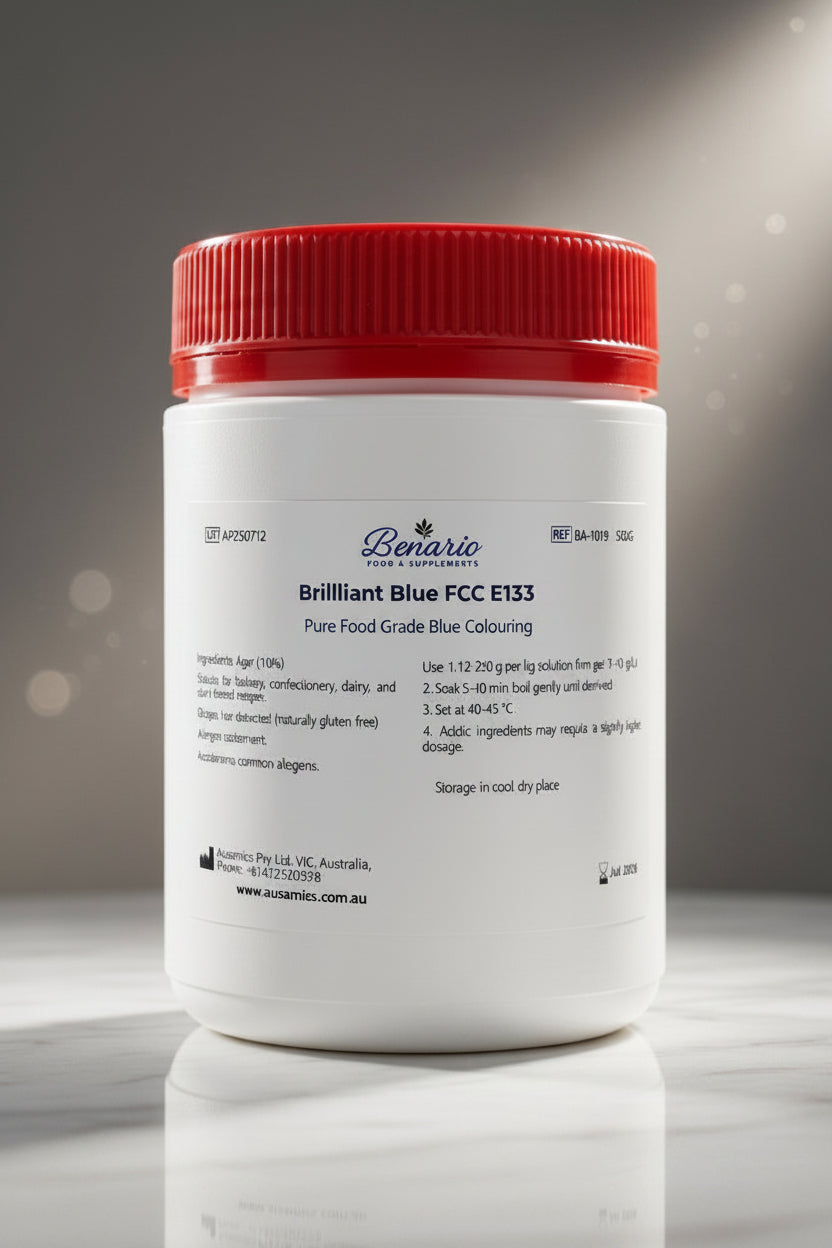 Brilliant Blue FCF E133 in a white jar with a red lid, benario packaging