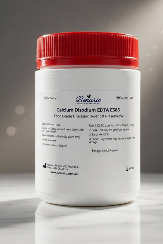 Calcium Disodium EDTA E385 in a white jar with a red lid, benario packaging