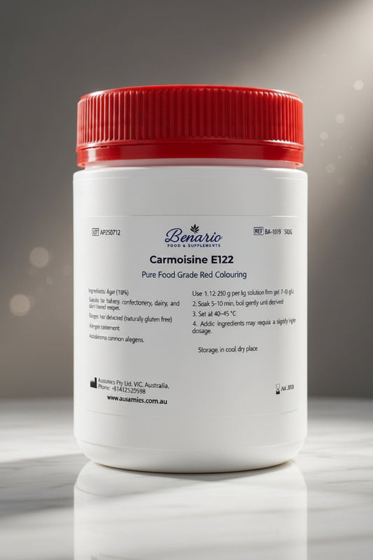 Carmoisine E122 in a white jar with a red lid, benario packaging