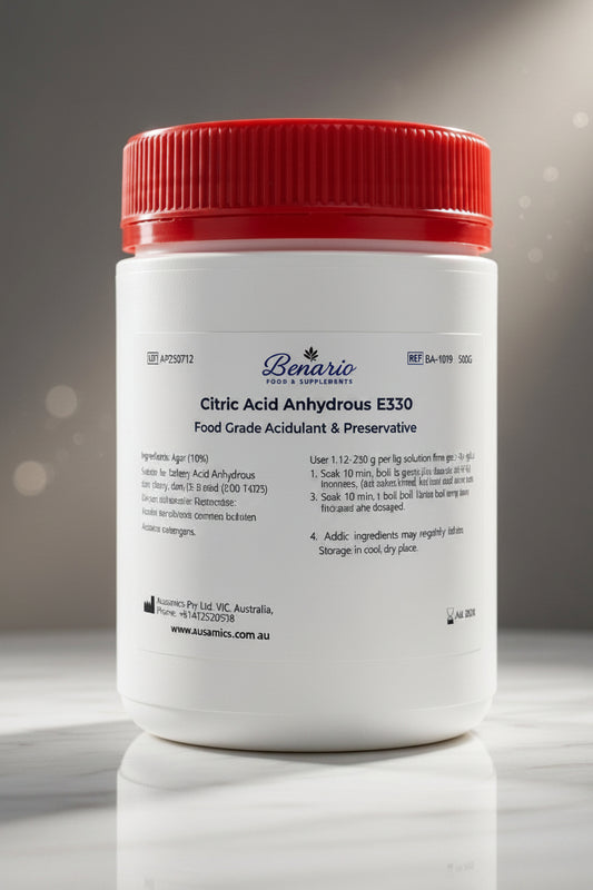 Citric Acid Anhydrous E330 in a white jar with red lid, benario packaging