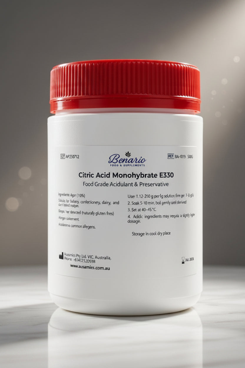 Citric Acid Monohydrate E330 in a white jar with red lid, benario packaging 