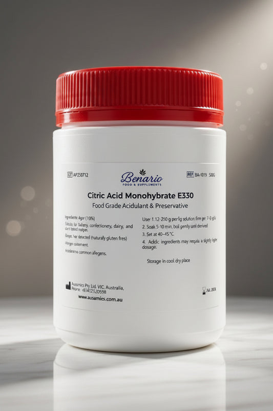 Citric Acid Monohydrate E330 in a white jar with red lid, benario packaging 