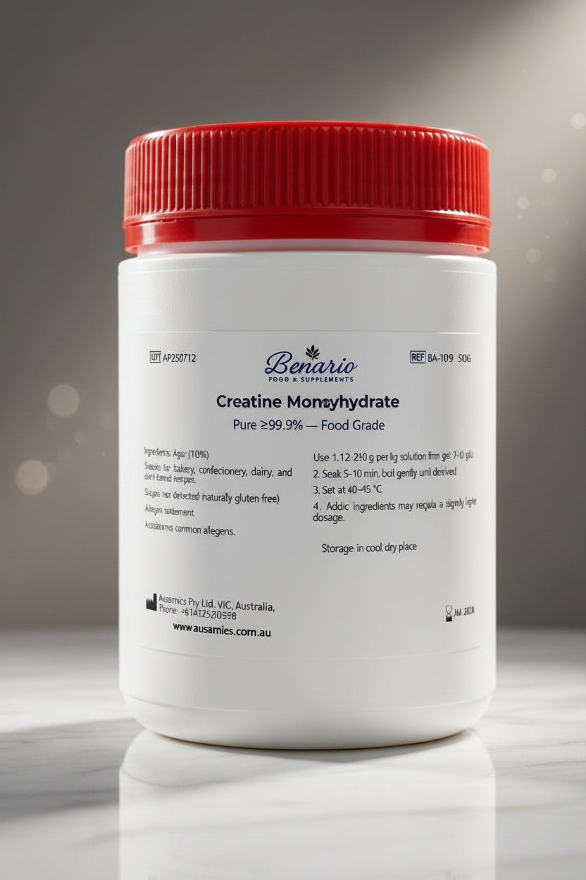 Creatine Monohydrate in a white jar with a red lid, benario packaging
