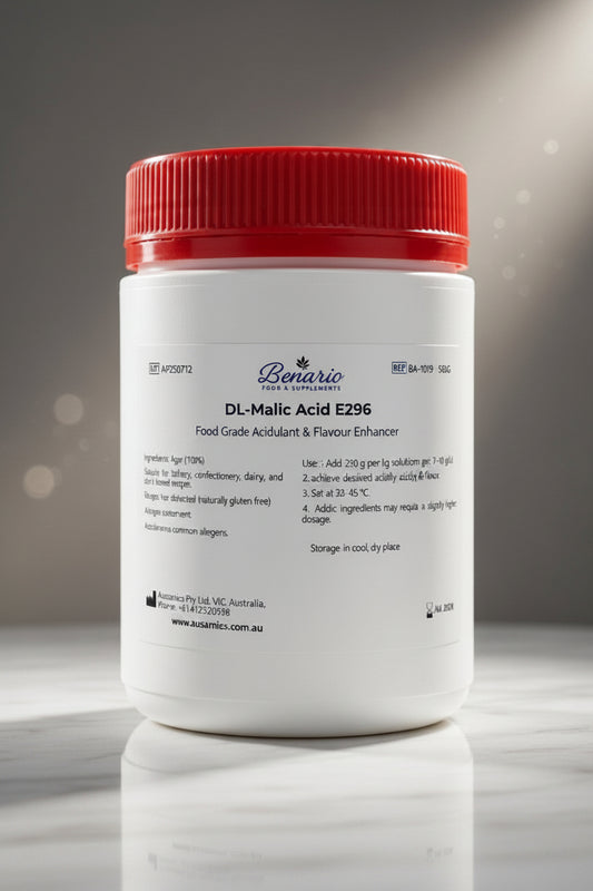DL-Malic Acid E296 in a white jar with red lid, benario packaging 