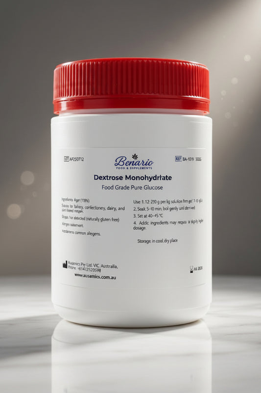 Dextrose Monohydrate in a white jar with red lid, benario packaging 