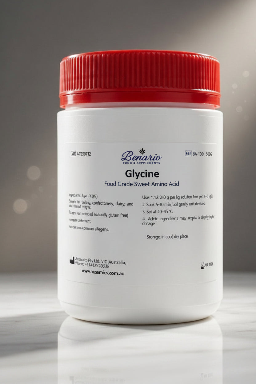 Glycine in a white jar with red lid, benario packaging 