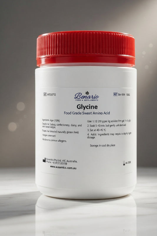 Glycine in a white jar with red lid, benario packaging 