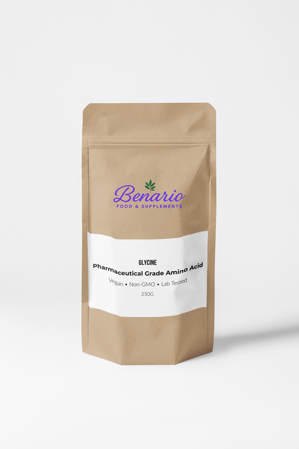 Benario Glycine powder, pharma-grade, 250 g stand-up pouch with white label