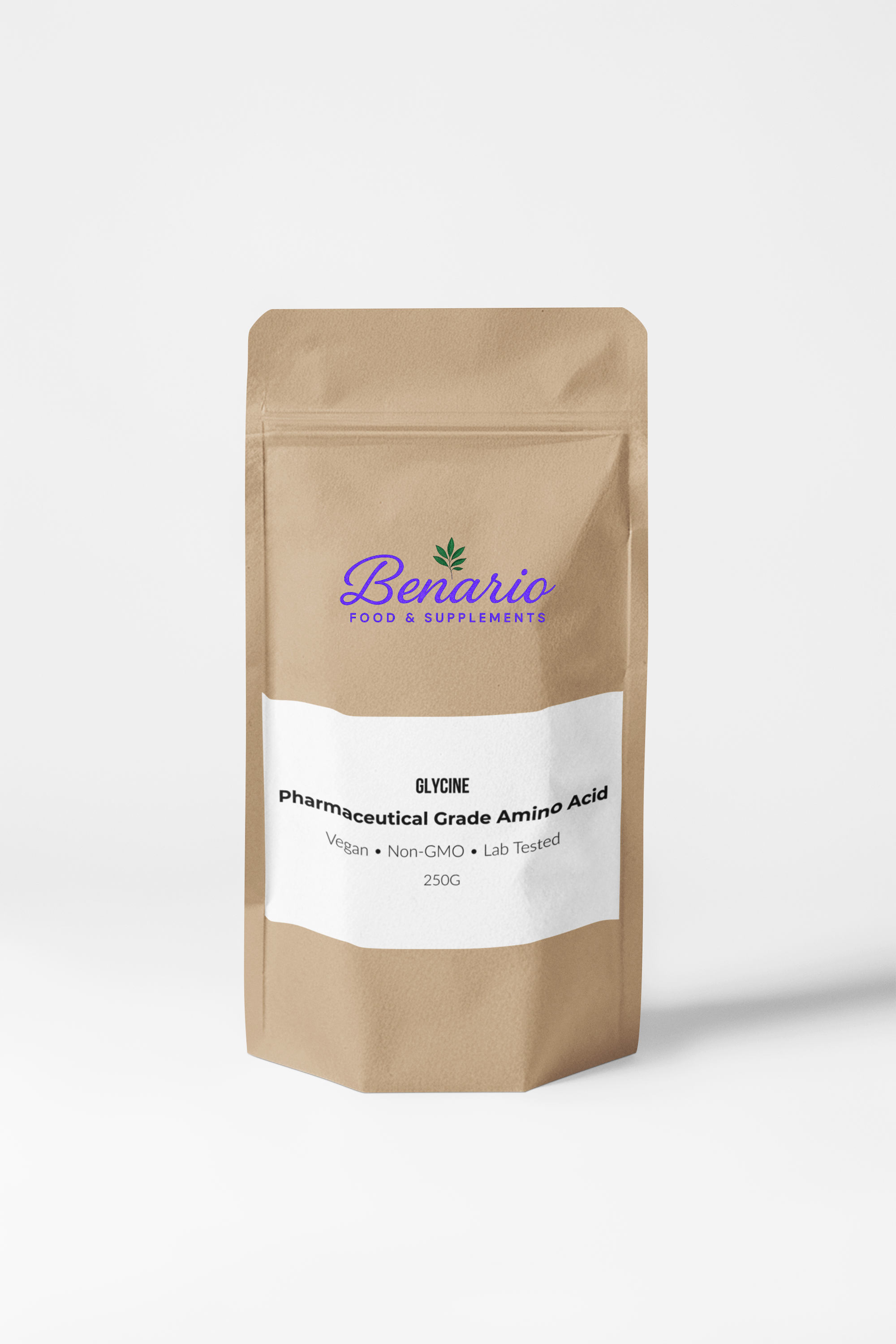 Benario Glycine powder, pharma-grade, 250 g stand-up pouch with white label