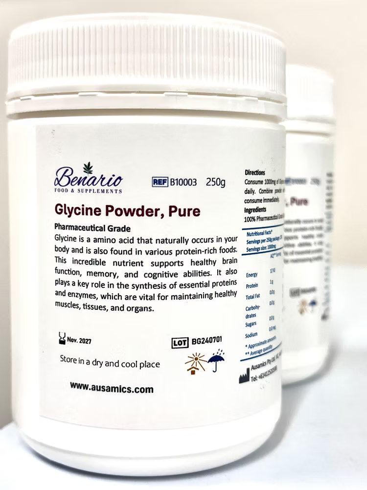 Benario Glycine powder, pharma-grade, 250 g plastic jar with white label