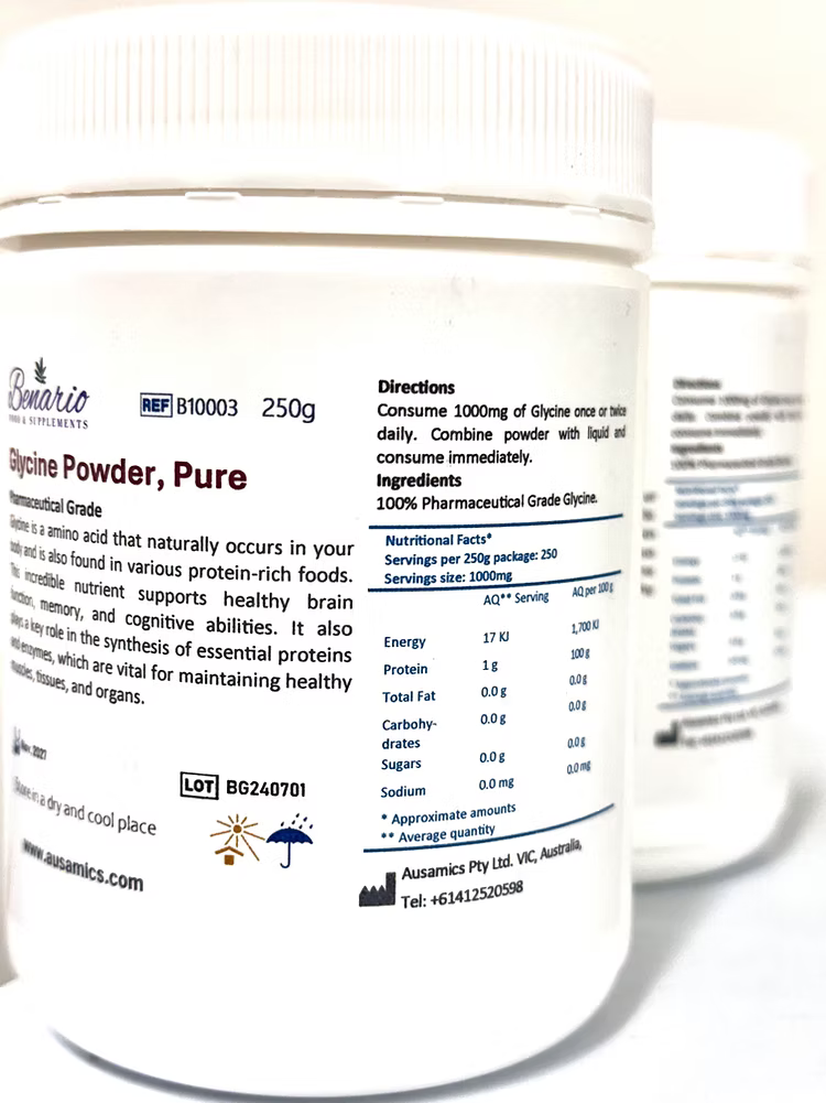 Benario Glycine powder, pharma-grade, 250 g plastic jar with white label