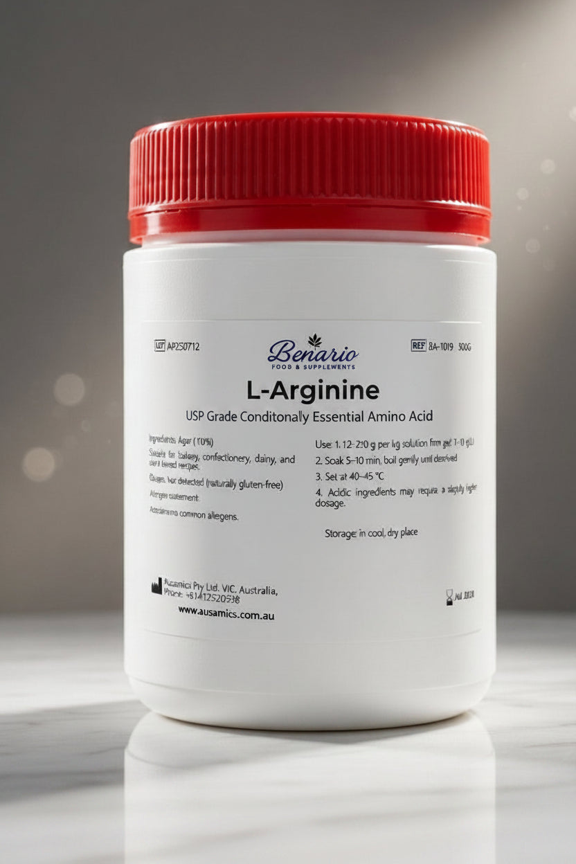 L-Arginine in a white jar with a red lid, benario packaging 