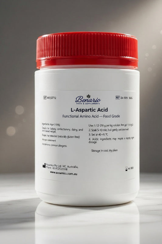 L-Aspartic Acid in a white jar with a red lid, benario packaging 