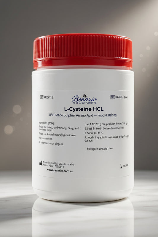 L-Cysteine Hydrochloride in a white jar with red lid, benario packaging 