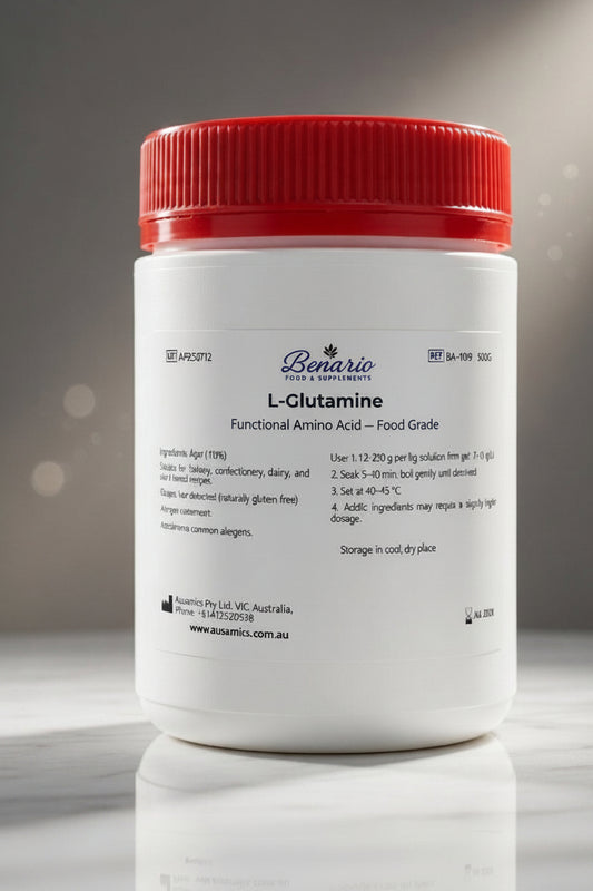 L-Glutamine in a white jar with red lid, benario packaging