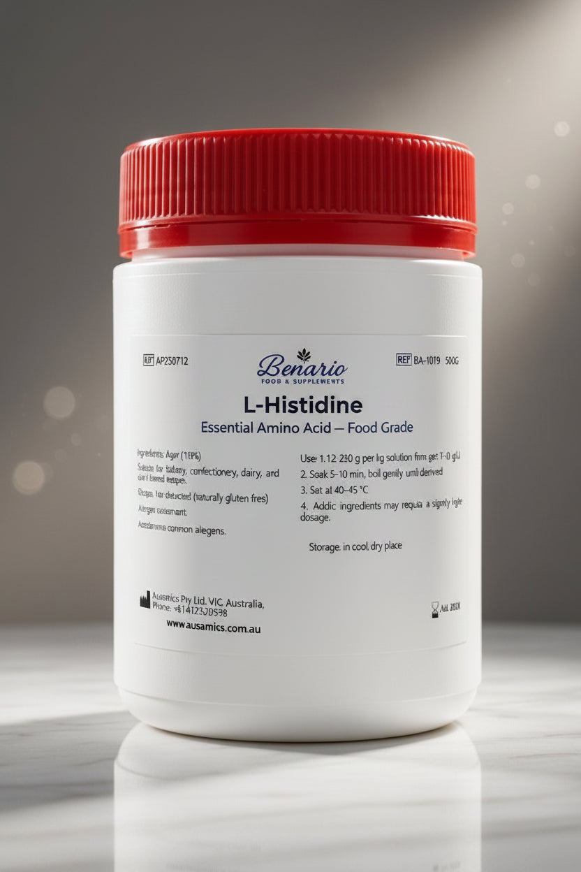 L-Histidine Hydrochloride in a white jar with red lid, benario packaging 
