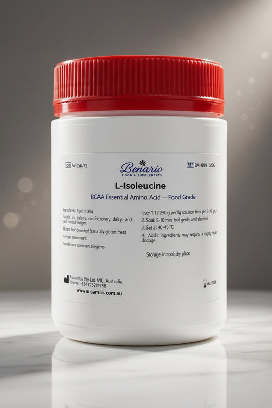L-Isoleucine in a white jar with a red lid, benario packaging