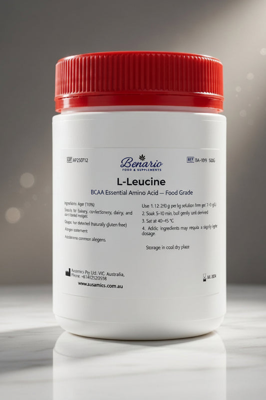L-Leucine in a white jar with a red lid, benario packaging