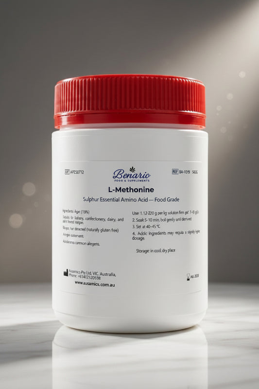 L-Methionine in a white jar with red lid, benario packaging