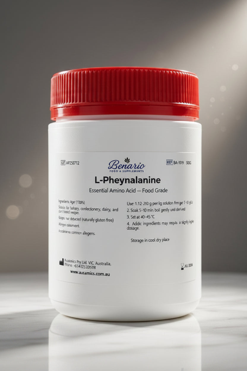 L-Phenylalanine in a white jar with a red lid, benario packaging 