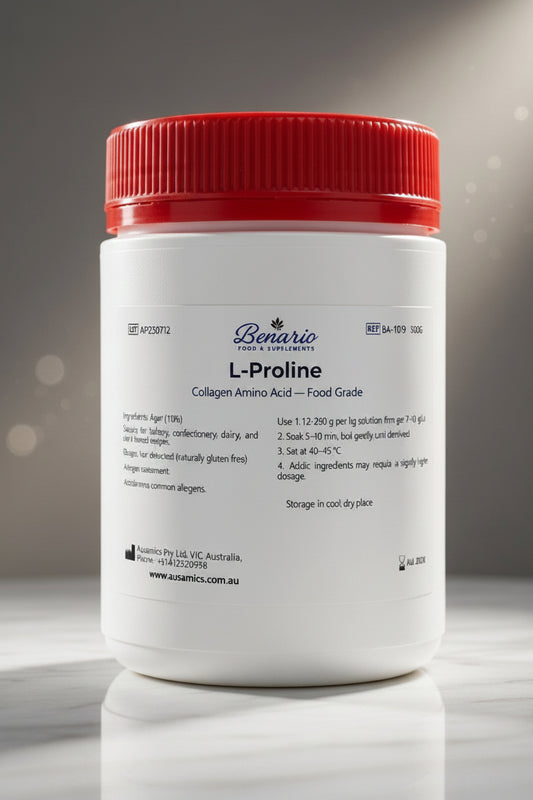 L-Proline in a white jar with a red lid, benario packaging