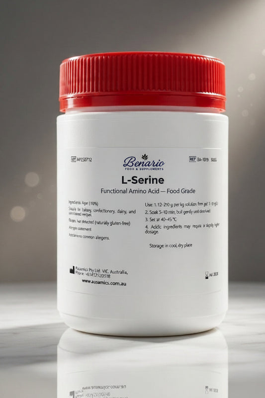 L-Serine in a white jar with a red lid, benario packaging