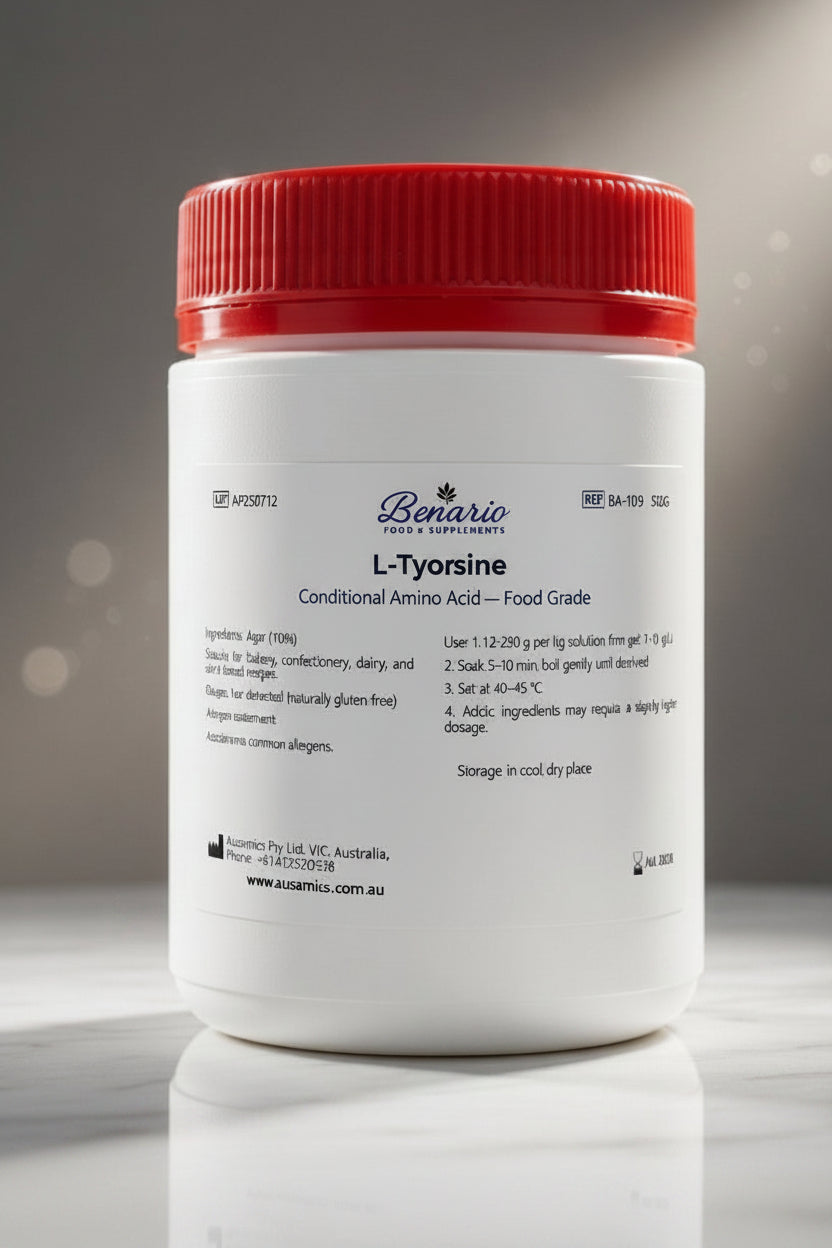  L-Tyrosine in a white jar with red lid, benario packaging