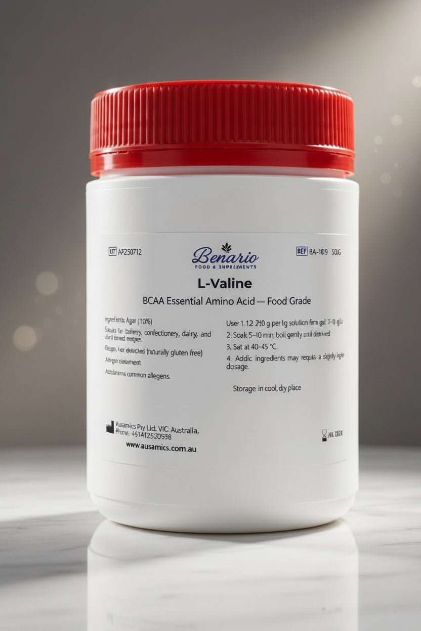 L-Valine in a white jar with a red lid, benario packaging