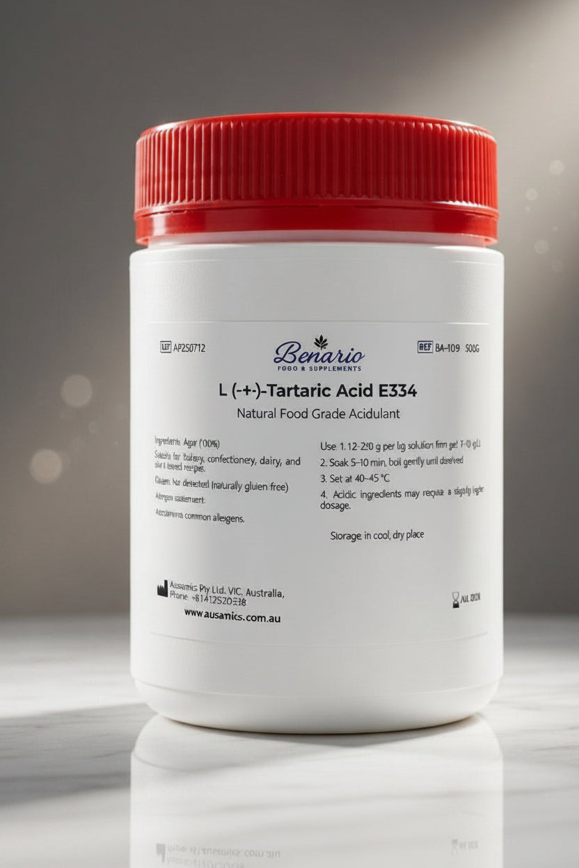 L-(+)-Tartaric Acid E334 in a white jar with red lid, benario packaging 