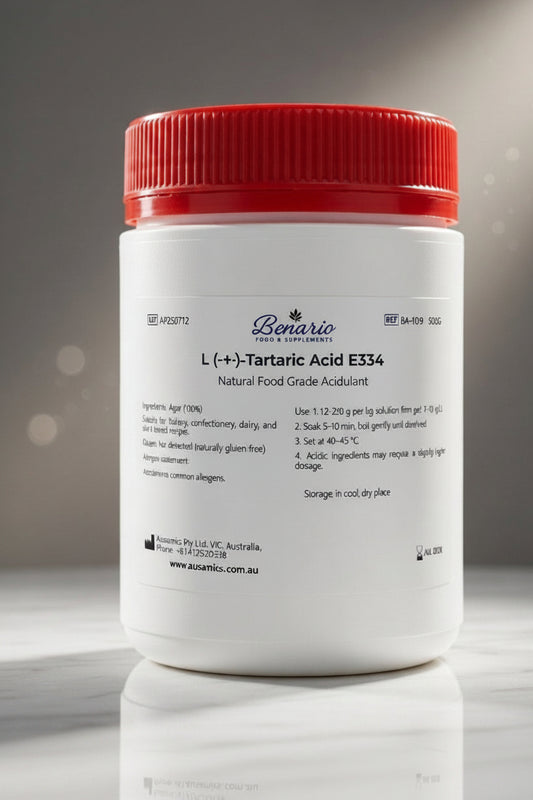 L-(+)-Tartaric Acid E334 in a white jar with red lid, benario packaging 
