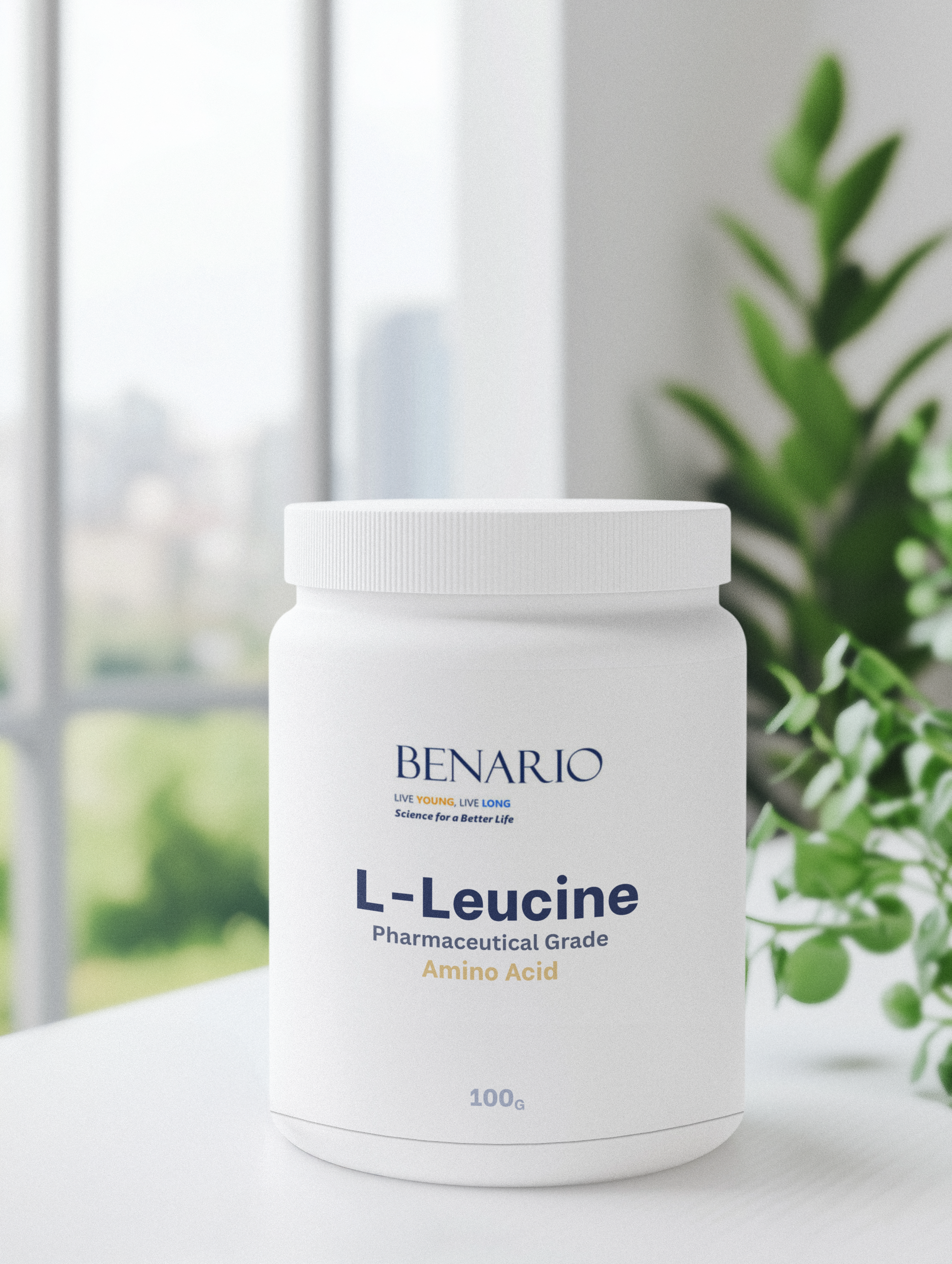 Container of Benario L-Leucine on a surface with a blurred window and plant in the background