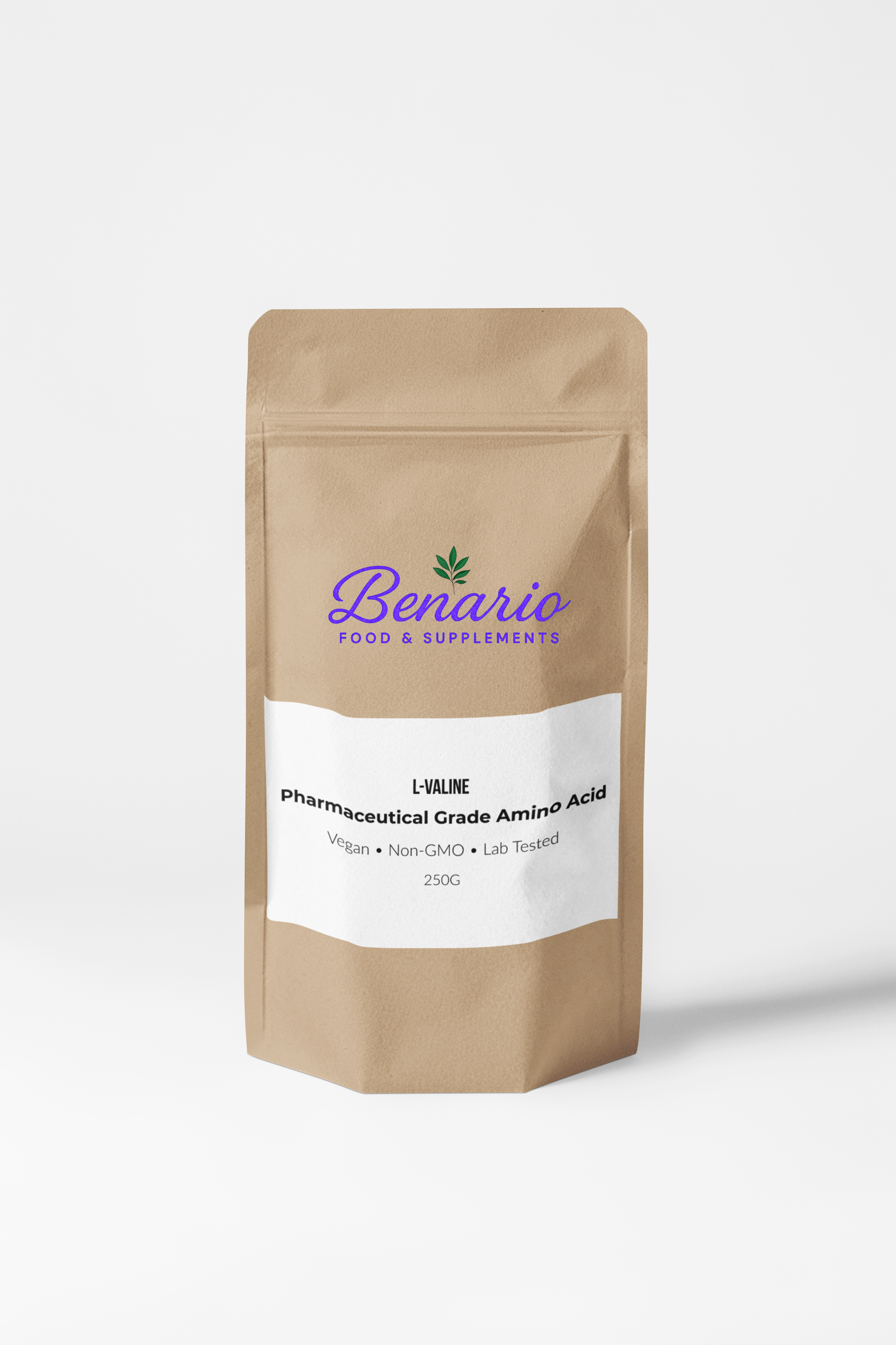 Benario L-Valine powder, pharma-grade, 250 g stand-up pouch with white label