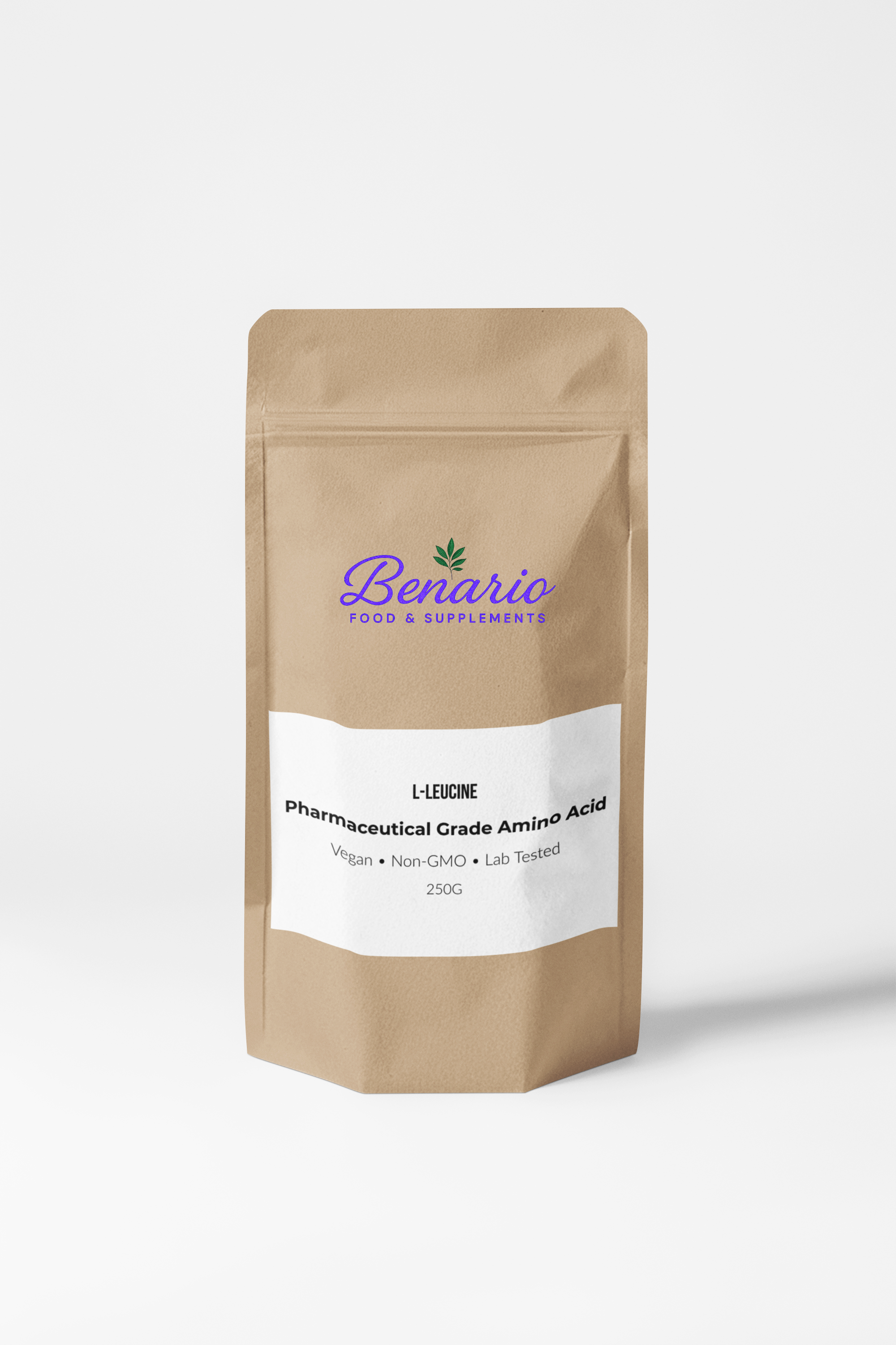 Benario L-Leucine powder, pharma-grade, 250 g stand-up pouch with white label