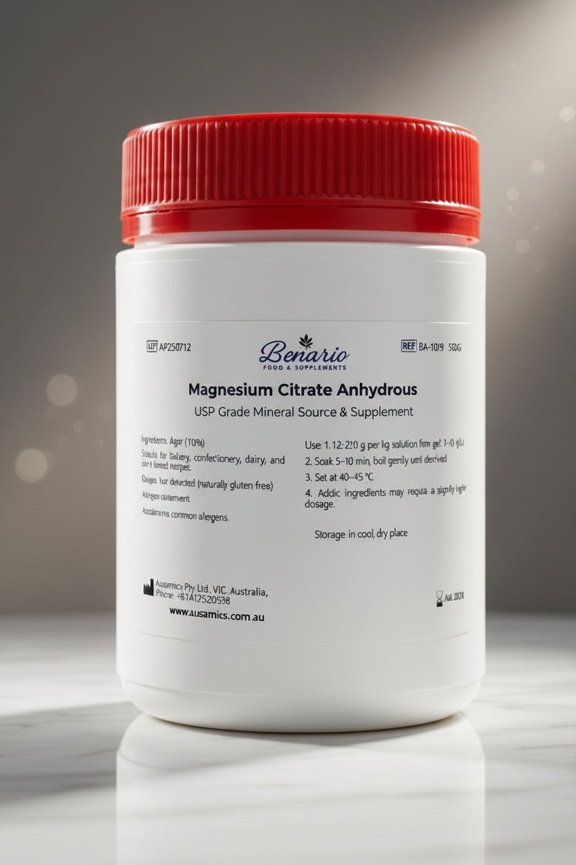 Magnesium Citrate Anhydrous in a white jar with red lid, benario packaging 