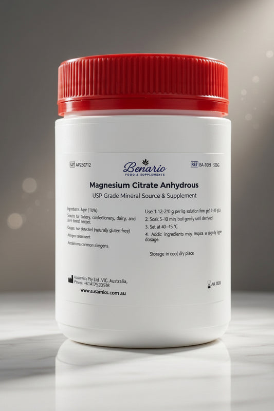Magnesium Citrate Anhydrous in a white jar with red lid, benario packaging 