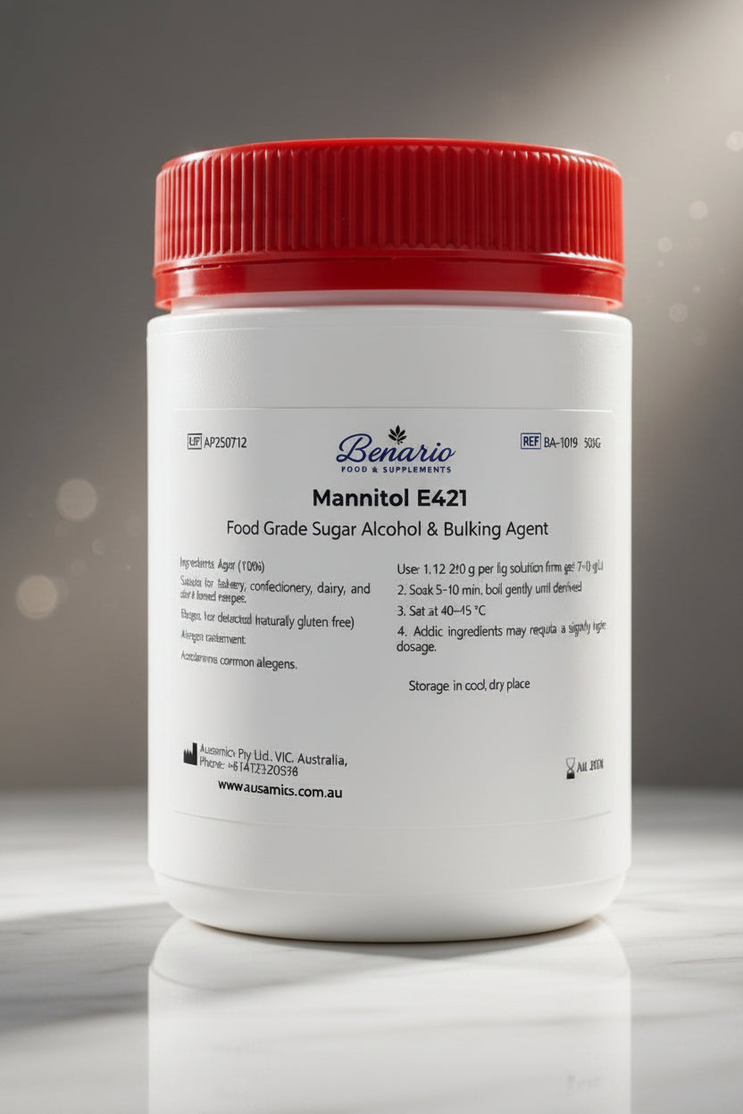 Mannitol E421 in a white jar with red lid, benario packaging 
