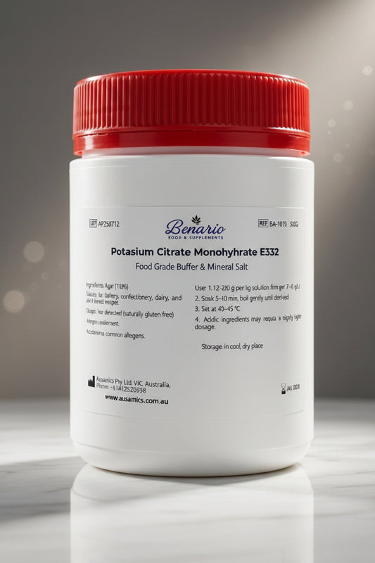 Potassium Citrate Monohydrate E332 in a white jar with red lid, benario packaging 