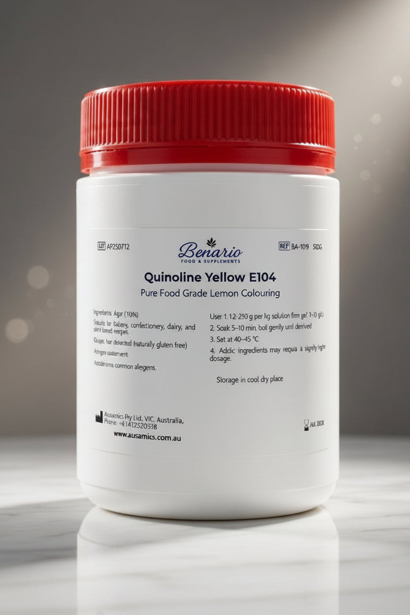 Quinoline Yellow E104 on a white jar with a red lid, benario packaging