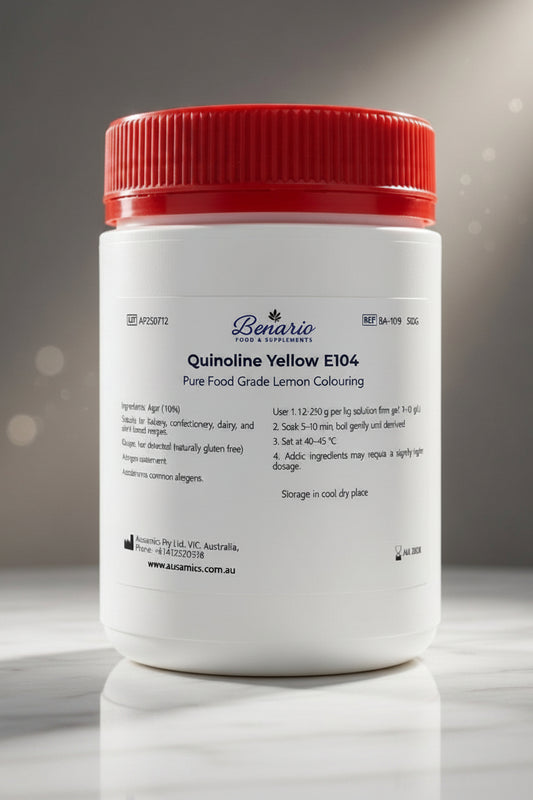 Quinoline Yellow E104 on a white jar with a red lid, benario packaging