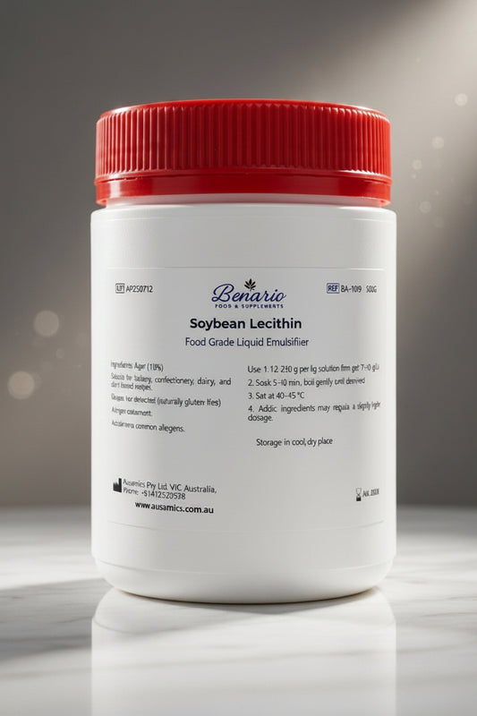 Soybean Lecithin in a white jar with red lid, benario packaging 